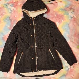 Black Hooded Coat with Gold Accents